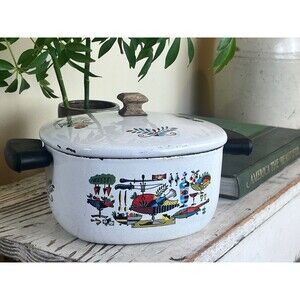 Vintage Georges Briard Style 'Turkey Harvest' Enamelware Sauce Pot w/Lid Country